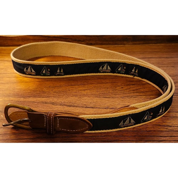 Skipper's Other - Skippers Mens Nautical Sailboat Ribbon Belt Canvas Leather Brass Buckle Navy Tan